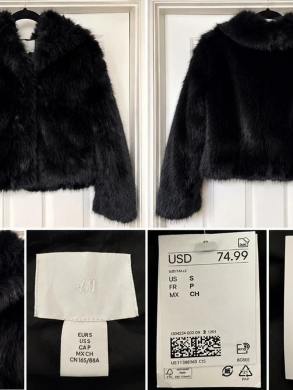 H&M Black Faux Fur Jacket Size Small NWT Soft Plush Coat
